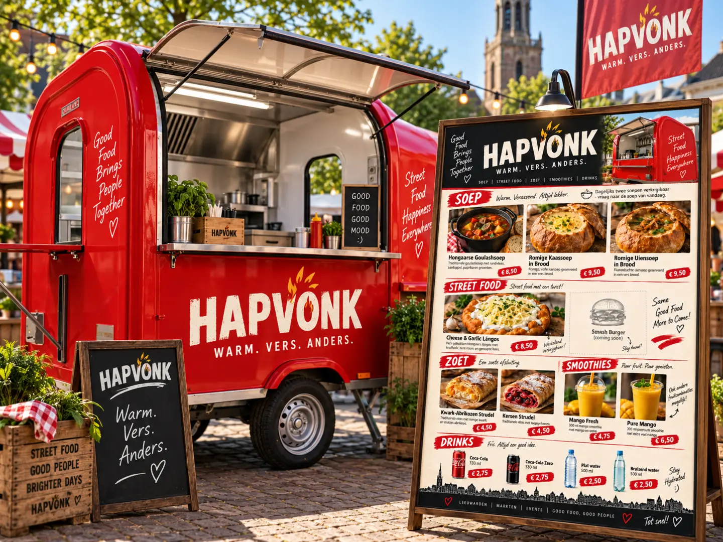 Rode HAPVONK foodtrailer op een markt